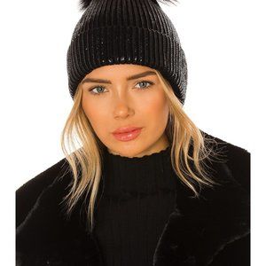 Adrienne Landau Fox Fur Pom-Pom Metallic Black Beanie